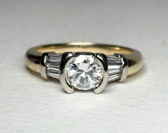 Half Bezel Set Natural Diamond Solitaire Ring With Channel Set Baguettes in Solid 14k Gold 2 Tone size 6.5
