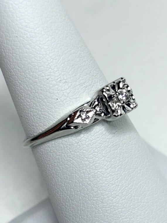 Retro Diamond Solitaire Ring Solid 14k White Gold… - image 7