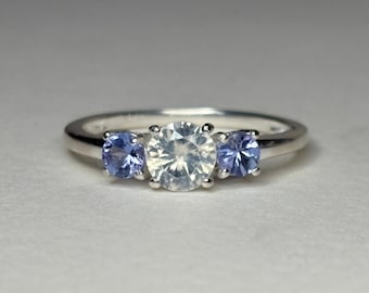 Fancy Off-White Sleepy Milky Natural Zircon and Tanzanite 3 Stone Trilogy Ring in Sterling Silver size 8.75