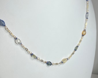 Multi-Color Untreated Burmese and African Sapphires Beaded Solid 14k Gold Station Chain Necklace Adjustable