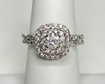 Natural Diamond Double Halo Engagement Cocktail Style Ring in Solid 14k White Gold size 6.75 1.3ctw .45ct ctr