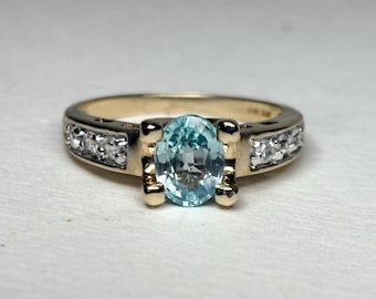 Natural Blue Zircon 8x6mm Oval  2 Tone Ring in Solid 14k Gold size 8.5