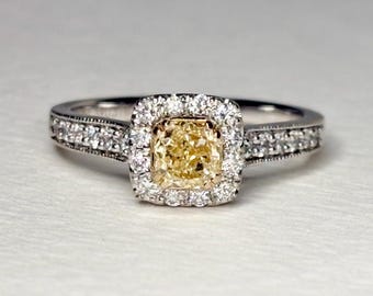 Natural Yellow Diamond Halo Ring Solid 14k Gold size 6.75 Certified