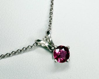 Ruby Solitaire Pendant Necklace Solid 14k White Gold and 18k Adjustable Chain 16-17.5"