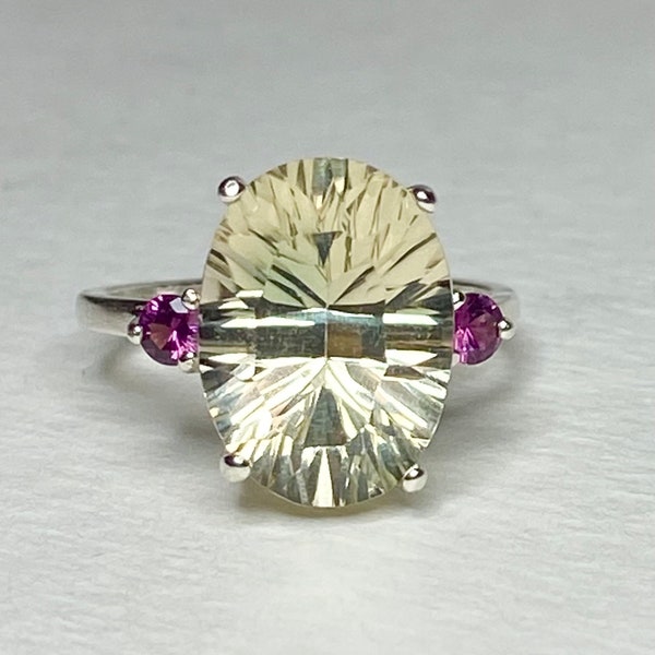 Oregon Sunstone and Idaho Rhodolite Garnet ring fancy cut ring in sterling silver, well over 5ct