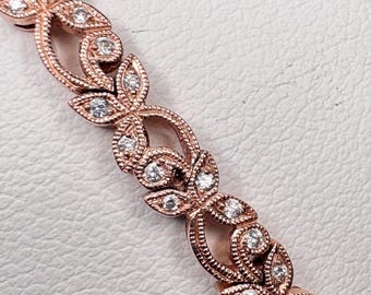 Shane Co Floral Vine Diamond Tennis Bracelet in Solid 14k Rose Gold 7.5"