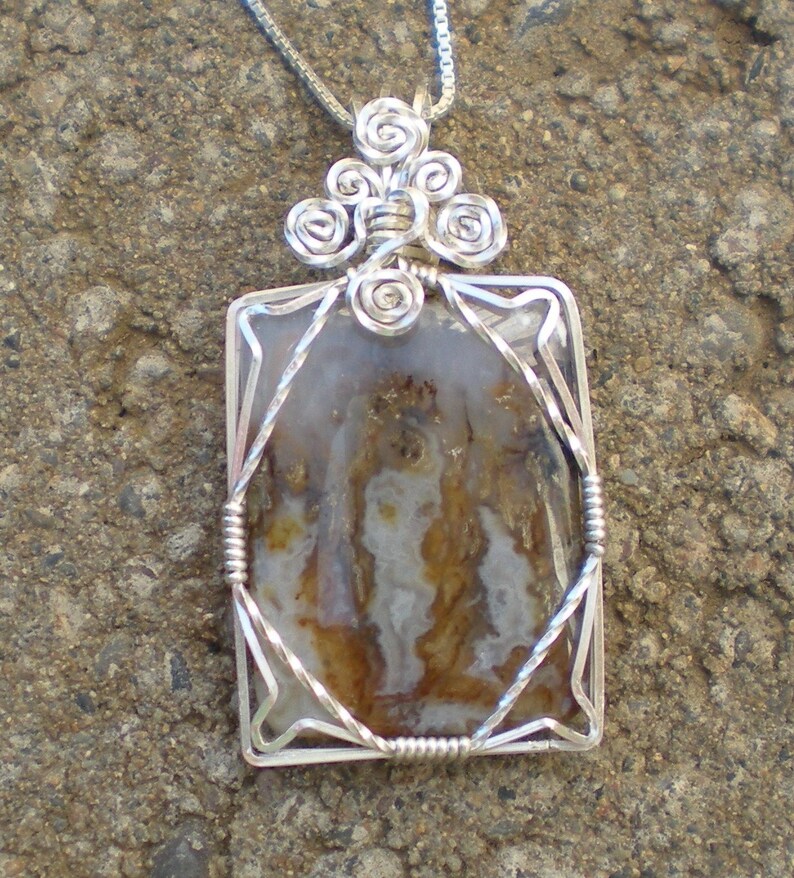 Idaho Plume/Flame Agate Graveyard Point material sterling silver wire wrapped pendant image 1