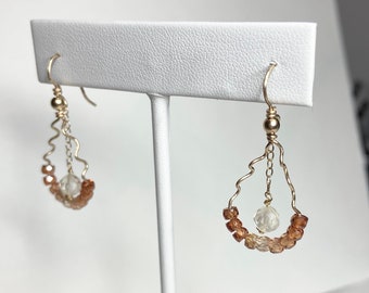 Fun Natural Zircon and Oregon Sunstone hand forged dangle drop earrings recycled upcycled