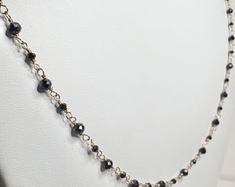 Natural Black Diamond Beaded Necklace Solid 14k Gold 18”