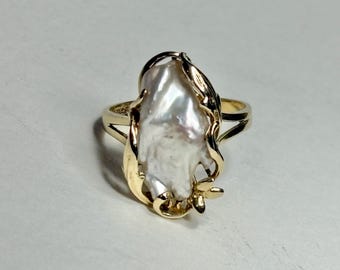 Biwa Cultured Pearl Freeform Ring  Solid 14k Gold size 7.25