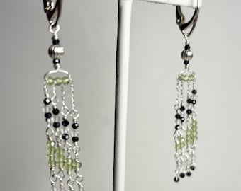 Natural Back Diamond and Peridot Beaded Fringe Dangle Drop Earrings Sterling Silver Lever Back