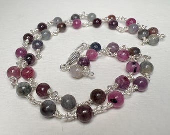 Natural Multi Color Sapphire Beaded Necklace in Sterling Silver 17.5"
