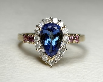 14k Gold Pear Tanzanite Ring with Diamond & Rhodolite Garnet Halo, Size 6.25