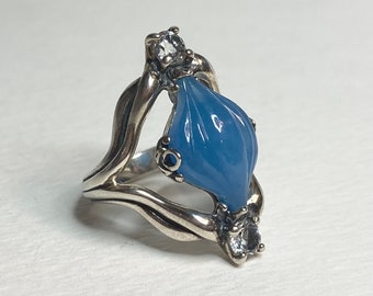 Carolyn Pollack blue jade and white topaz ring sterling silver size 5