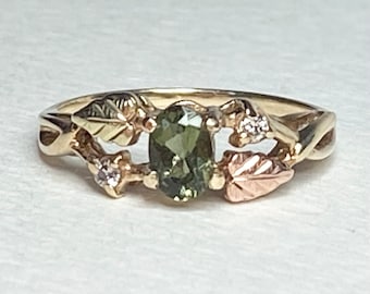 Black Hills Gold Natural Moldavite and Diamond Ring Solid 10k gold