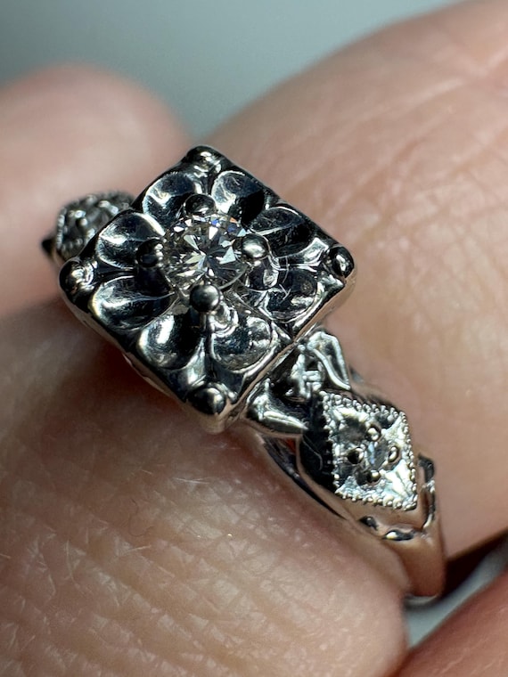 Retro Diamond Solitaire Ring Solid 14k White Gold… - image 4