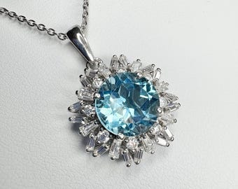 Blue Topaz with Moissanite Halo Pendant Necklace in Sterling Silver 20"