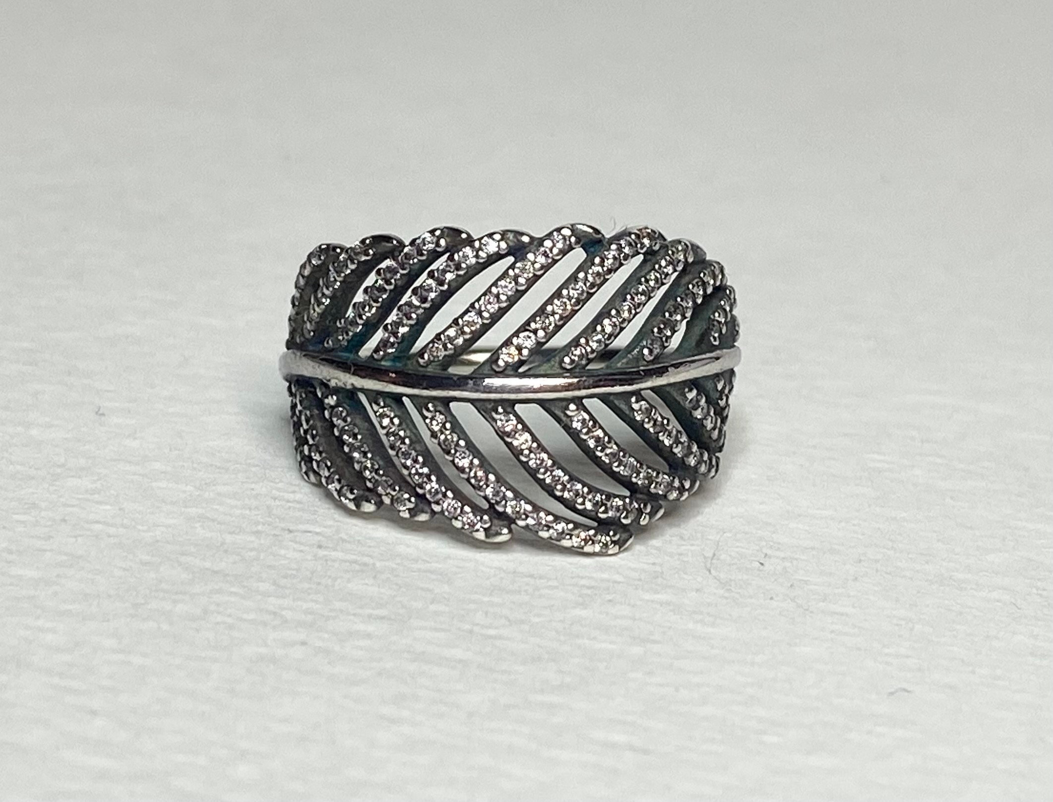 Pandora Feather Ring 52 Sterling Silver and Pave With Box and Pouch Etsy