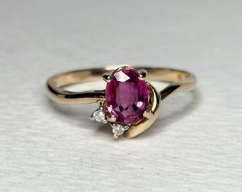 Pink Sapphire and Diamond Ring in Solid 14k Gold Dainty and Sweet size 6.25