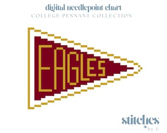 May include: Digital needlepoint chart featuring a maroon pennant with the word "EAGLES" in gold. The pennant is part of the College Pennant Collection. The design is pixelated, with a gold border and the text "stitches by E".