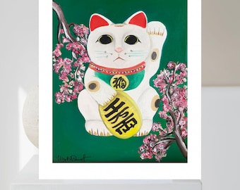 May include: A white Maneki-neko cat painting with red accents, a green collar, and a gold coin. The cat is set against a green background with pink cherry blossoms. The painting includes the text "福" and "招福".