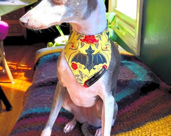 Halloween Bat Damask Dog Bandana, Reversible Cotton Pet Scarf (Over Collar or Snap)