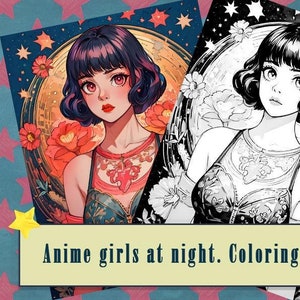 50+ Anime Night Girls Coloring Pages - Digital Download, Printable Art for Relaxation & Creativity. Ready to print.