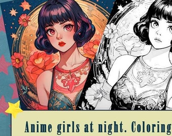 Más de 50 páginas para colorear de chicas de anime de la noche: descarga digital, arte imprimible para la relajación y la creatividad. Listas para imprimir.