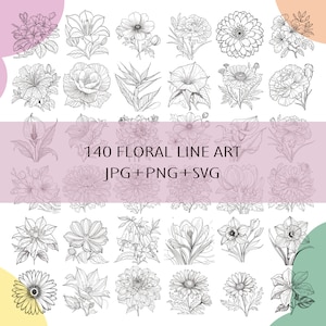 Paquete de 140 flores de arte lineal SVG+PNG+JPG. Rosa, tulipán, violeta, lirio, margarita, dalia, clavel, orquídea, girasol, peonía y mucho más.