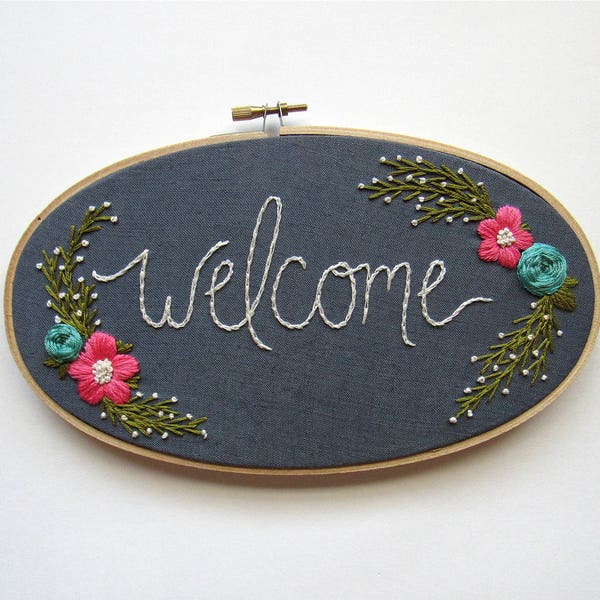 Welcome Sign. First Home Housewarming Gift. Gifts under 100. Gift for the Couple. First Home Sign. Embroidered Sign. Linen Decor KimArt