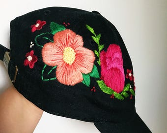Floral baseball cap. Embroidered Cap. Hat for Women. Adjustable Cap. Cotton Embroidery. Embroidery hat. embroidered hat. black baseball cap