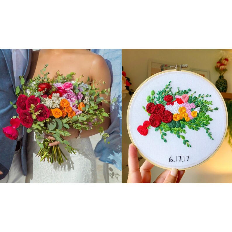 May include: Embroidered hoop art featuring a colorful floral bouquet with red, orange, pink, and white flowers. The hoop is made of wood and has a white background. The date "6.17.17" is written in black ink on the hoop.