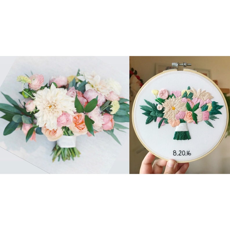 May include: Embroidered floral bouquet in a hoop with a white background and the date 8.20.16. The bouquet is made of pink and white flowers with green leaves.