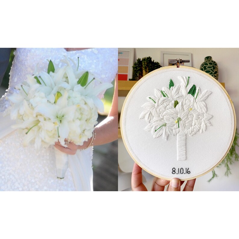 May include: White embroidered bouquet of lilies in a wooden embroidery hoop with the date 8.10.16.