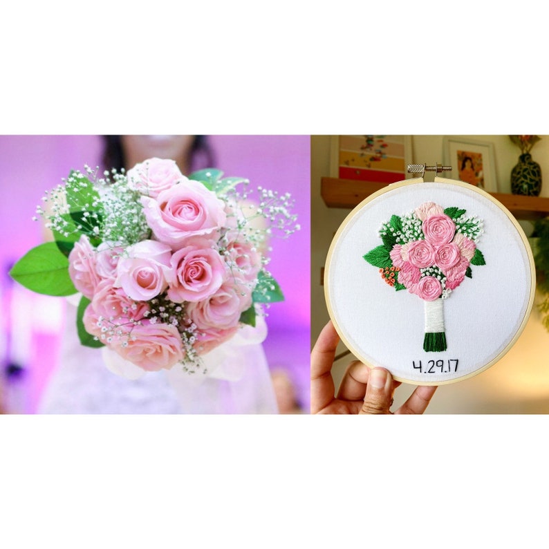 May include: A pink rose bouquet with white baby's breath flowers is held in a person's hand. A close-up of a circular embroidery hoop with a pink rose bouquet embroidered on white fabric. The date 4.29.17 is embroidered below the bouquet.