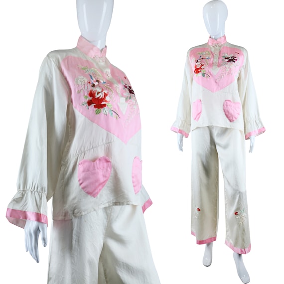 Embroidered Heart Chest and Heart Pockets Silk Paj