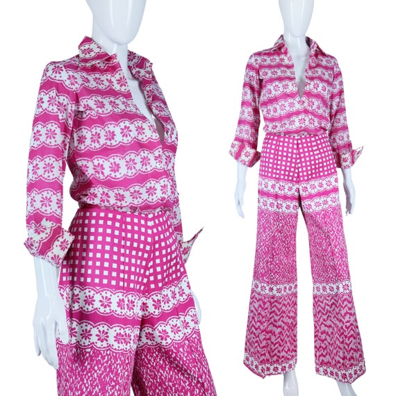 Pink + White Bold Print Bell Bottom Set 70s Floral