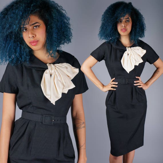50s Silk Black Dress with Contrasting Cream Bow Ti