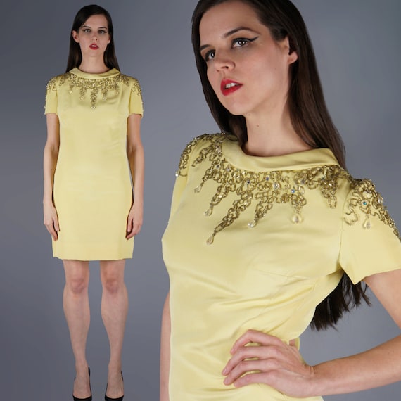 Mod Jeweled Mini Dress Yellow Beaded Shoulders Min
