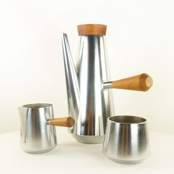 V I N T A G E Stainless Steel and Wood Danish Kalmar Designs RARE Mid Century Modern Coffee Tea Set