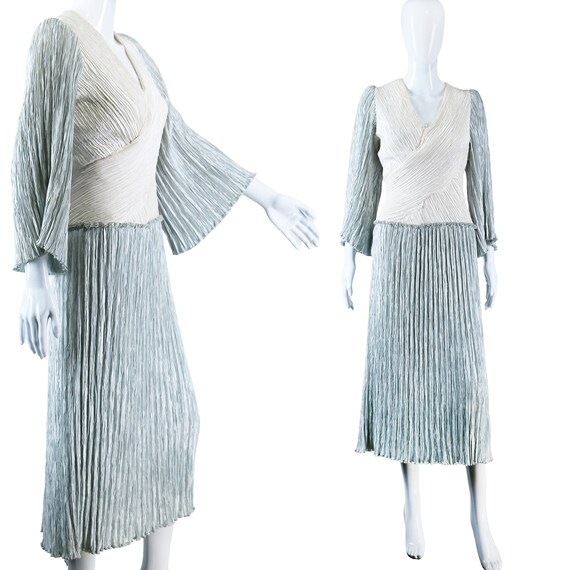 Mary McFadden Fortuny Pleat Grey + Cream Dress V-N