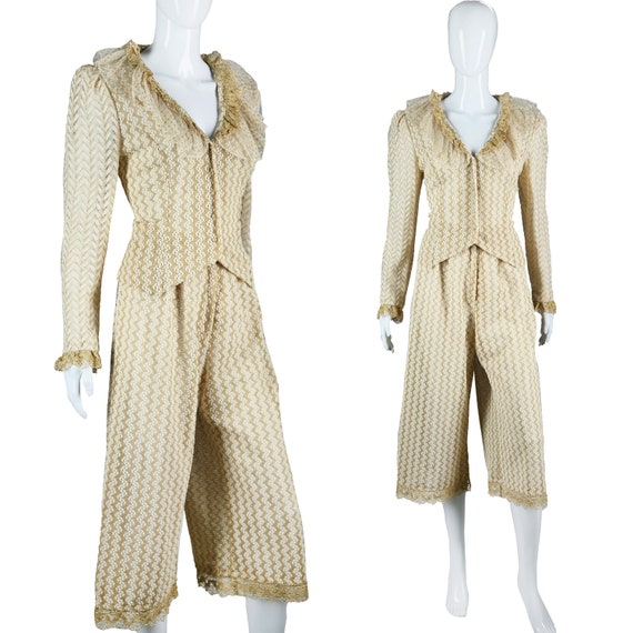 Gold Lurex + Lace Two Piece Culottes Set Ruffle Fr