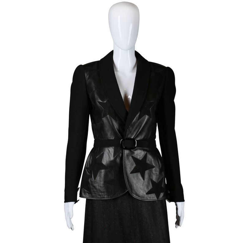 Valentino Jacket Star Print Leather Wool Blazer Belted Short Coat 80s Rocker