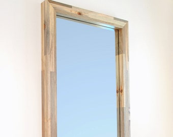 Modern Mirror, 19" x 40" Beetle Kill Pine a.k.a. Blue Pine Wood Frame, Wall Hanging Gray Wood, Custom Mirrors