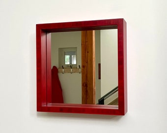 Mirror 12" Sq. x 3" Deep Bamboo Plywood Frame in Red, Modern Shadow Box Style, Wall Hanging Custom Sizes and Colors Available