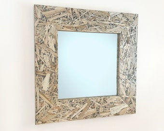 Mirror 26" Sq. With Black Inlay Wood Finish on OSB Wood, Wall Hanging With High Contrast Wood Chip Look, Modern and Industrial, Custom Sizes