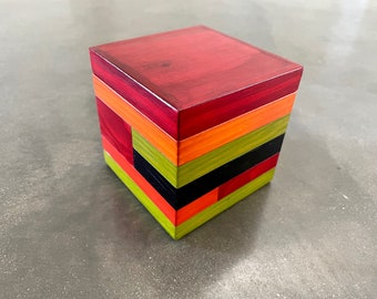 Small Wooden Box with Lid, 4" Cube, Salvaged Wood, Bright Colors