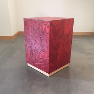Pedestal 17&quot;h x 11.5&quot;sq. Red Tint OSB with Salvaged Wood Base, Called a Teton Pedestal, Modern and Industrial, Custom Sizes and Colors