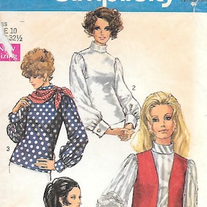 1960s Simplicity 8351 Misses Blouses with Standing Collar and Full Sleeves and Vest Vintage Sewing Pattern Size 10 Bust 32 1/2 Mod