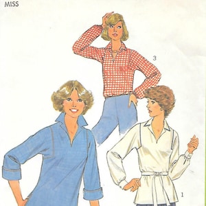 May include: Simplicity pattern 8261 features three blouse designs. The cover shows illustrations of the blouses in red and white plaid, blue, and white. The pattern includes size 12 and the price is $1.75.